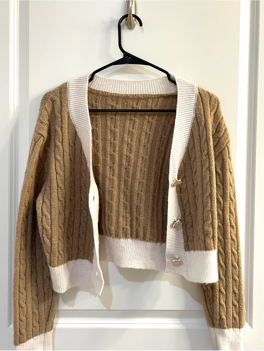 Cropped Cable Knit Cardigan Sweater in Camel and Ivory